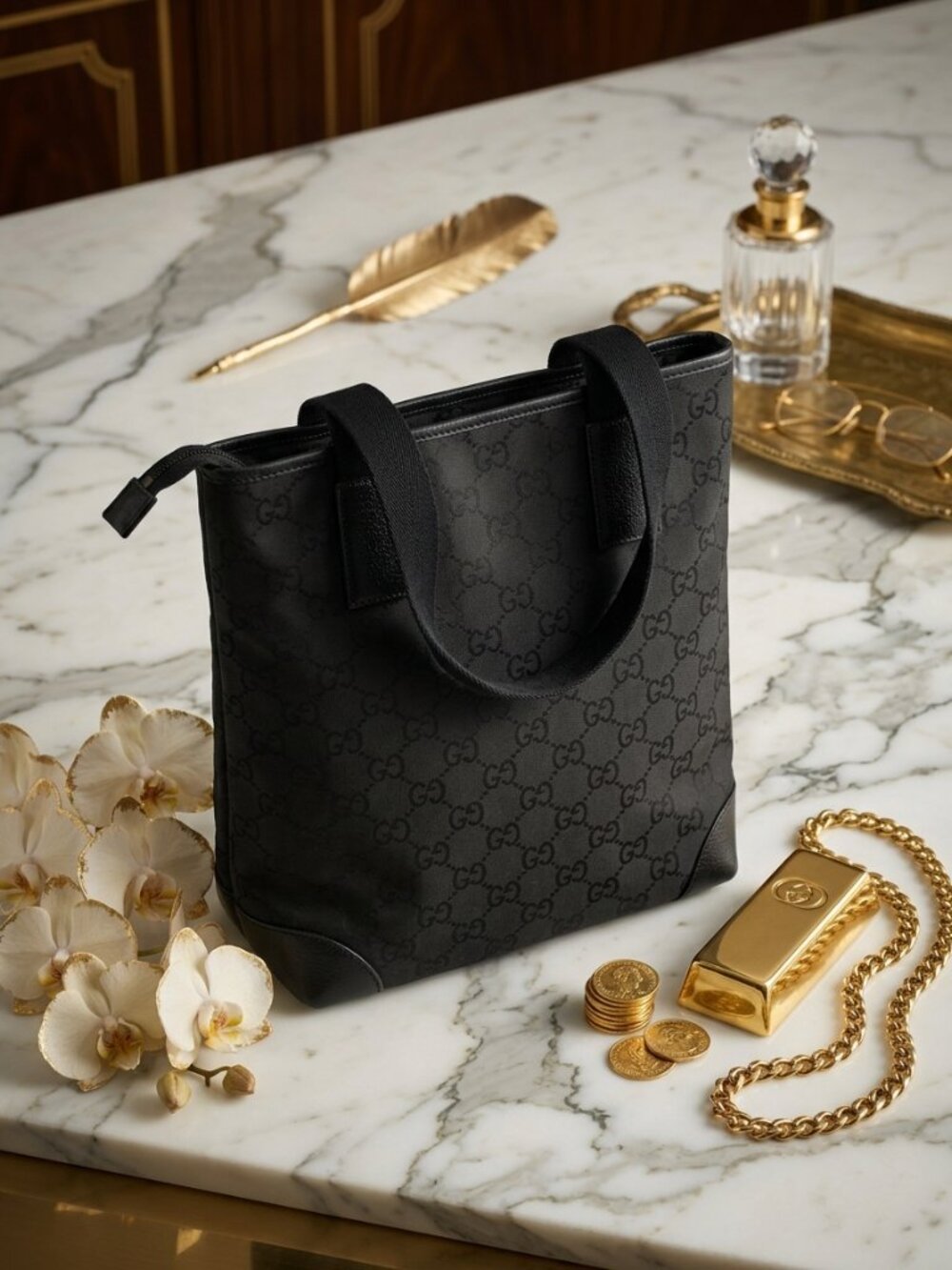 Authentic Gucci 180450 Tote Bag Black GG Monogram Canvas Leather Tote Bag - Picture 2 of 11